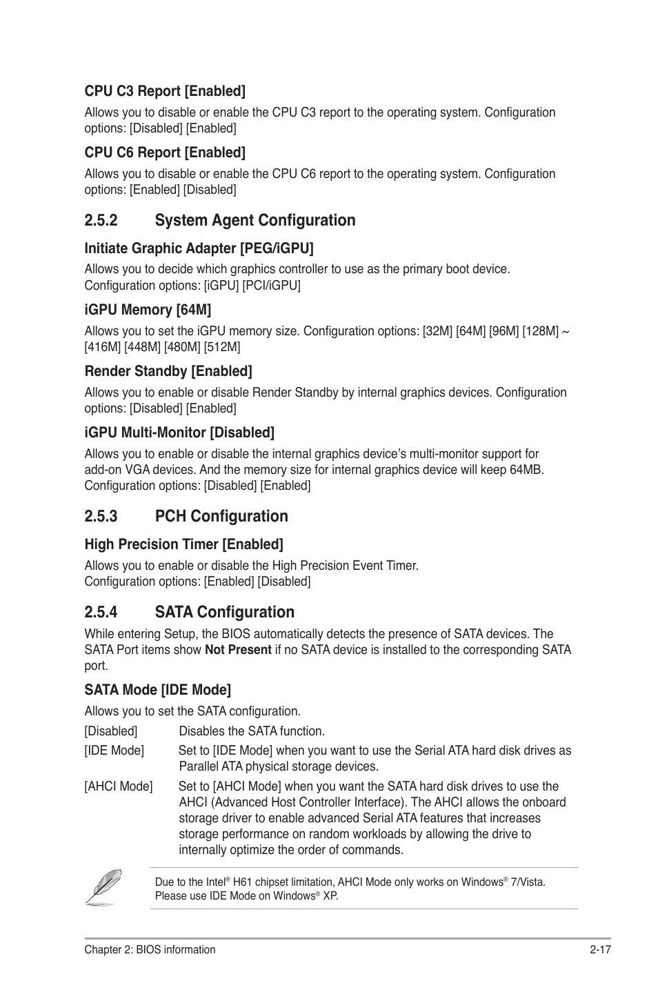 2 system agent configuration, 3 pch configuration, 4 sata configuration | System agent configuration -17, Pch configuration -17, Sata configuration -17 | Asus MOTHERBOARD p8h61-m lx3 series User Manual | Page 51 / 65