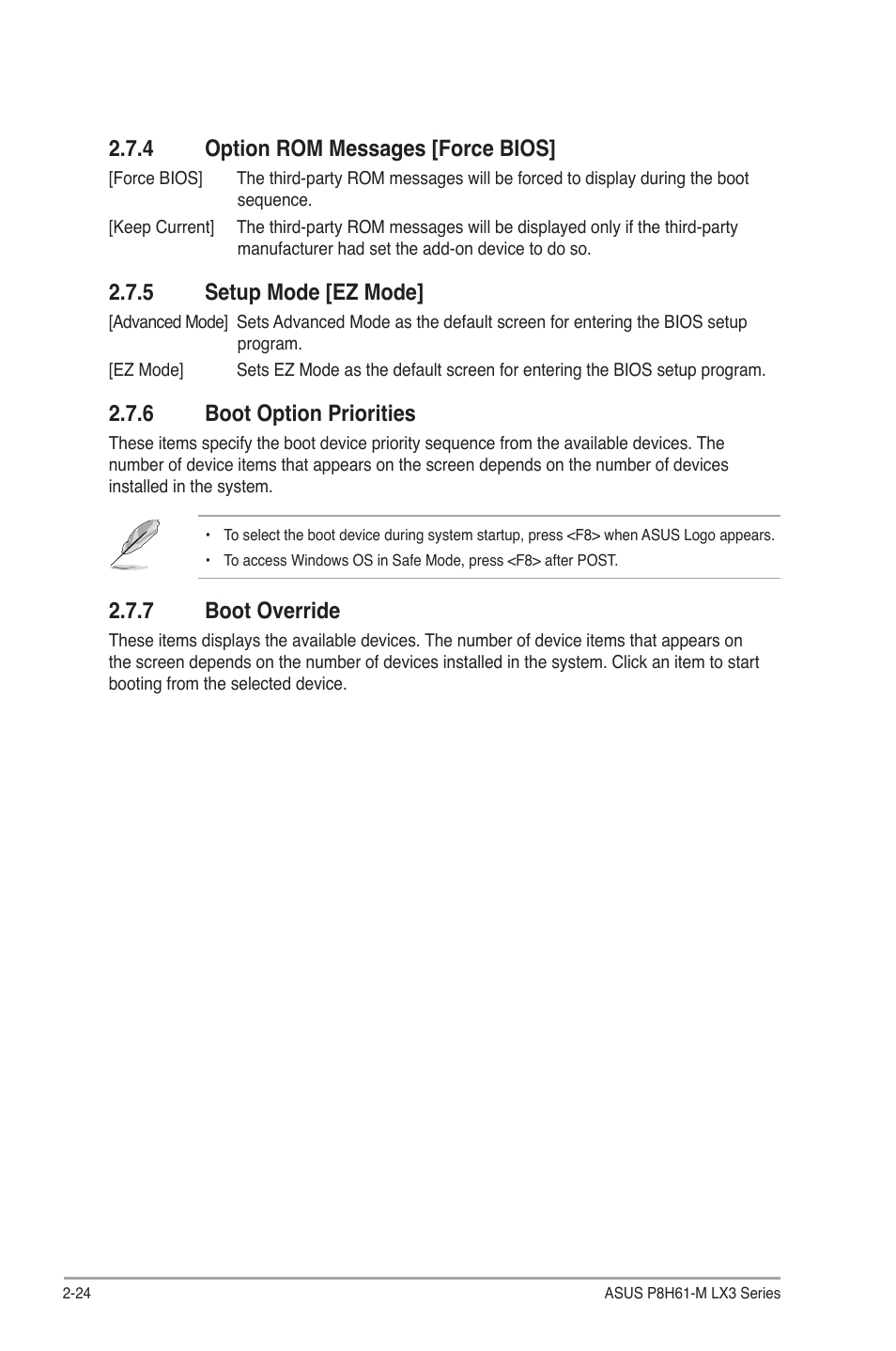 4 option rom messages [force bios, 5 setup mode [ez mode, 6 boot option priorities | 7 boot override, Option rom messages [force bios] -24, Setup mode [ez mode] -24, Boot option priorities -24, Boot override -24 | Asus MOTHERBOARD p8h61-m lx3 series User Manual | Page 58 / 65