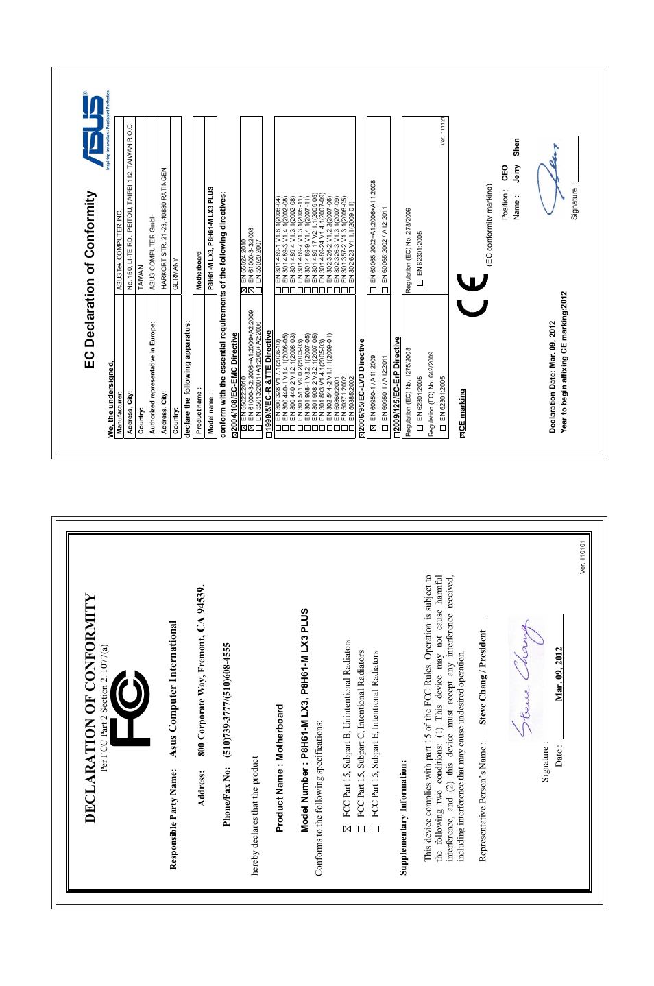 Declaration of conformity, Ec declaration of conformity, Asu s c om pu te r in te rn at io na l | Asus MOTHERBOARD p8h61-m lx3 series User Manual | Page 65 / 65