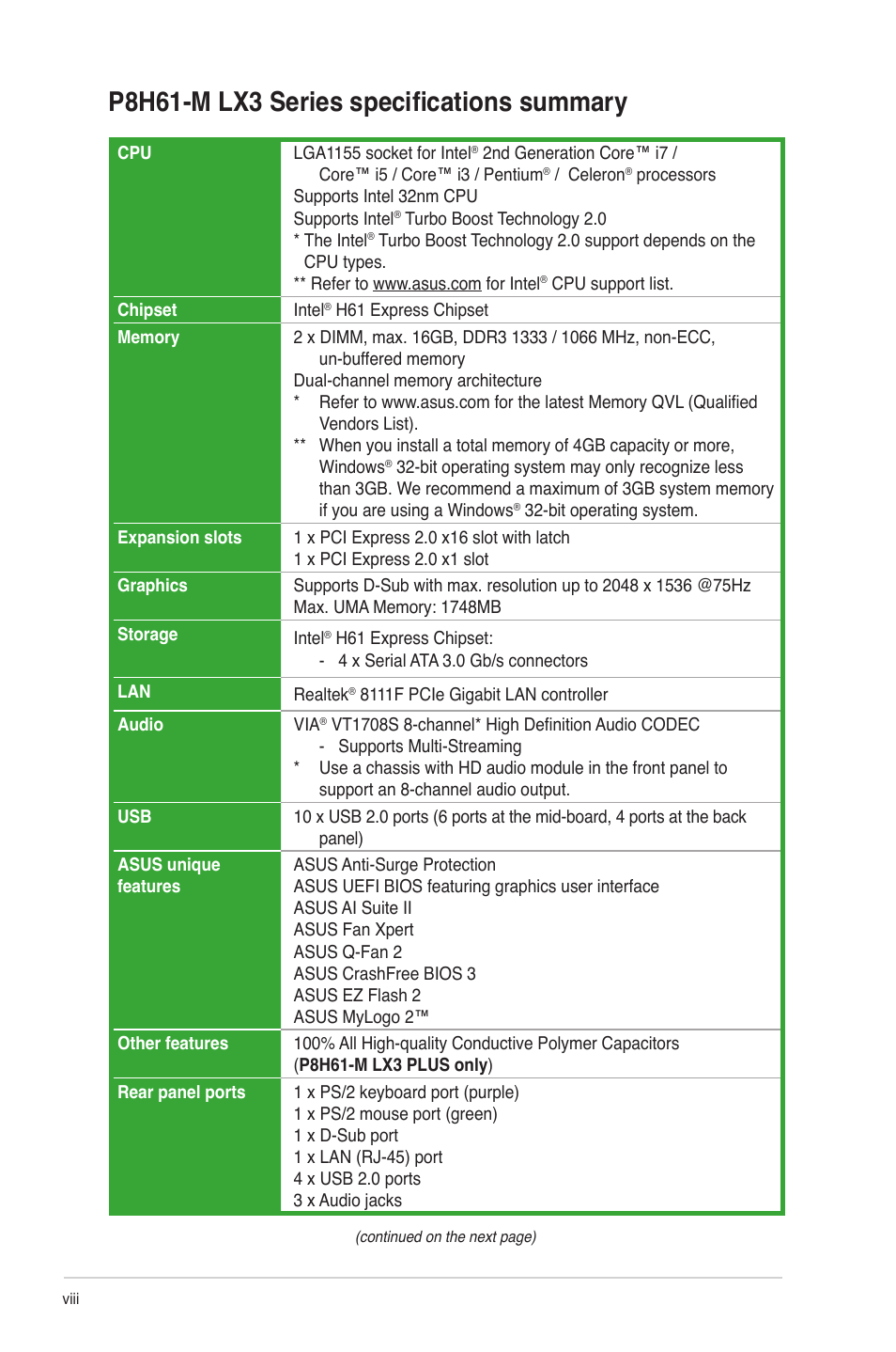 P8h61-m lx3 series specifications summary | Asus MOTHERBOARD p8h61-m lx3 series User Manual | Page 8 / 65