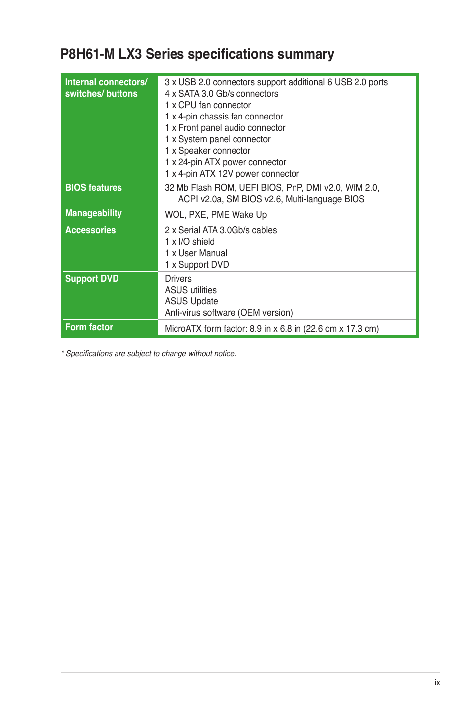 P8h61-m lx3 series specifications summary | Asus MOTHERBOARD p8h61-m lx3 series User Manual | Page 9 / 65