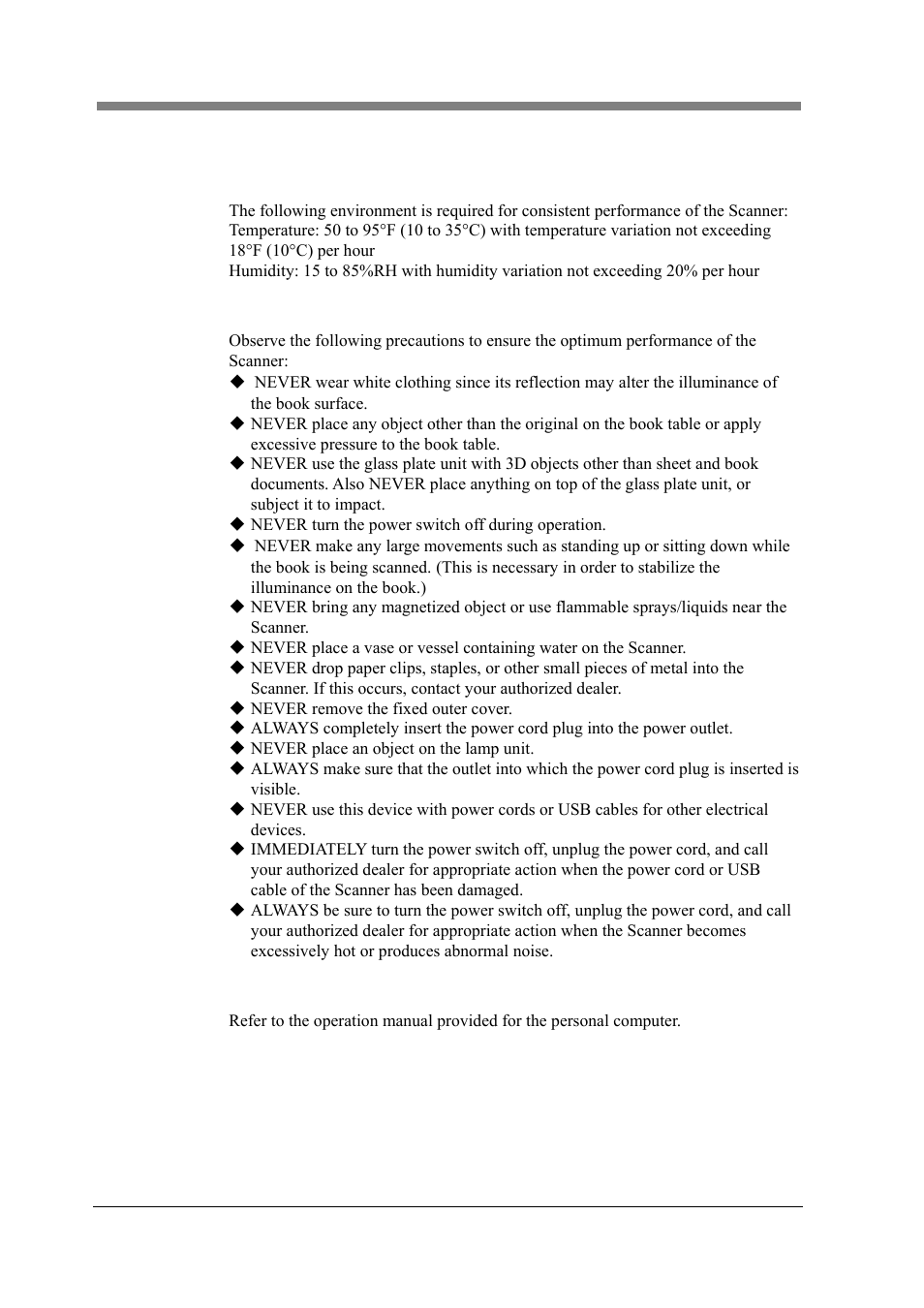 2 precautions for installation and operation, 1 operating environment, 2 precautions when operating the scanner | 3 precautions when operating the personal computer | Konica Minolta PS5000C MKII User Manual | Page 20 / 94