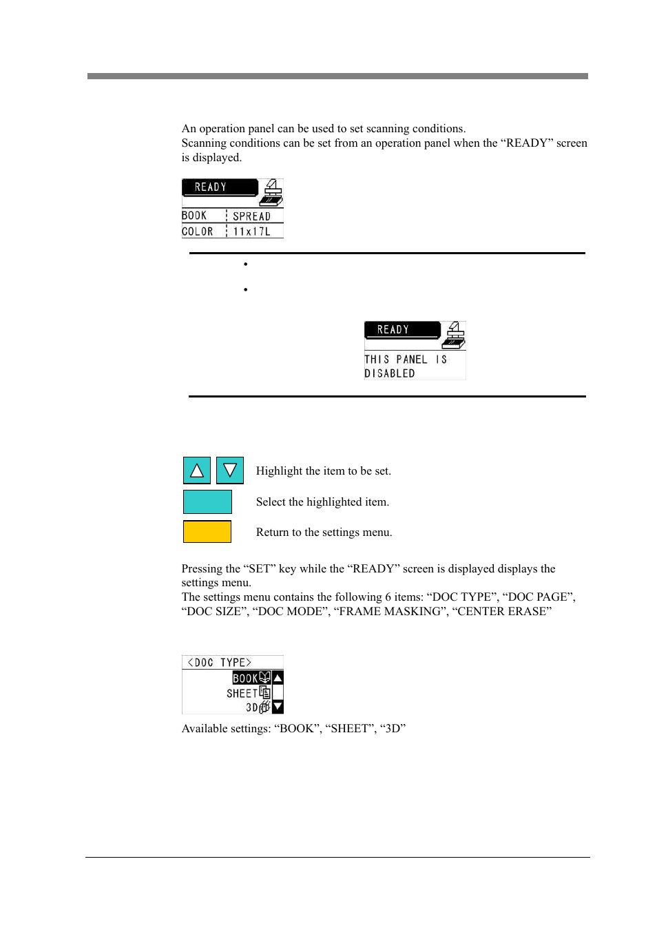 3 using an operation panel, 1 making scanning condition settings, Esc set | Konica Minolta PS5000C MKII User Manual | Page 63 / 94