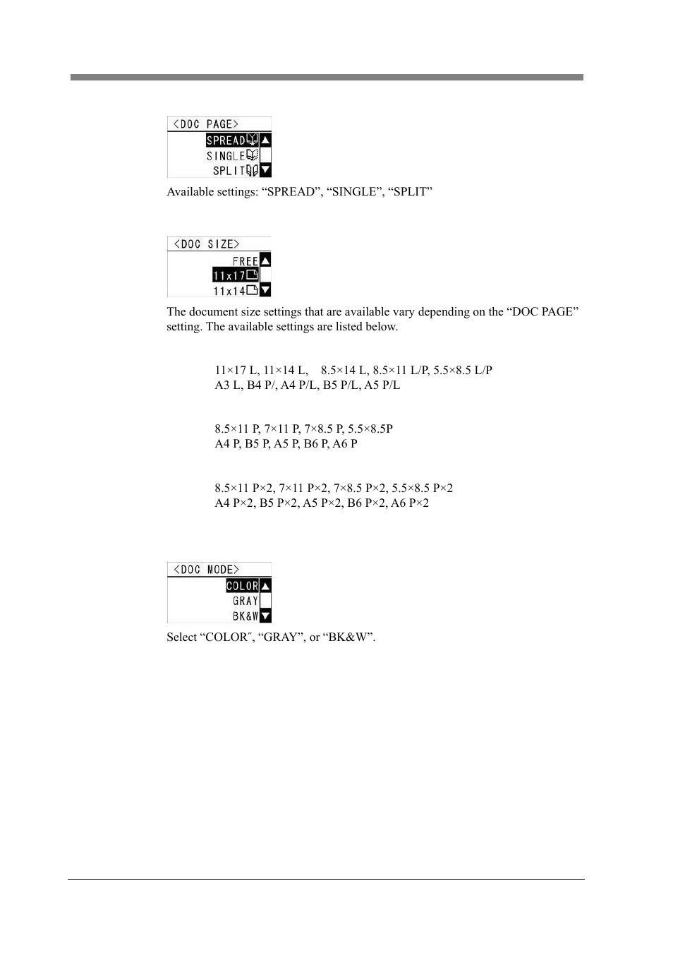 Doc page, Doc size, Doc mode | Konica Minolta PS5000C MKII User Manual | Page 64 / 94