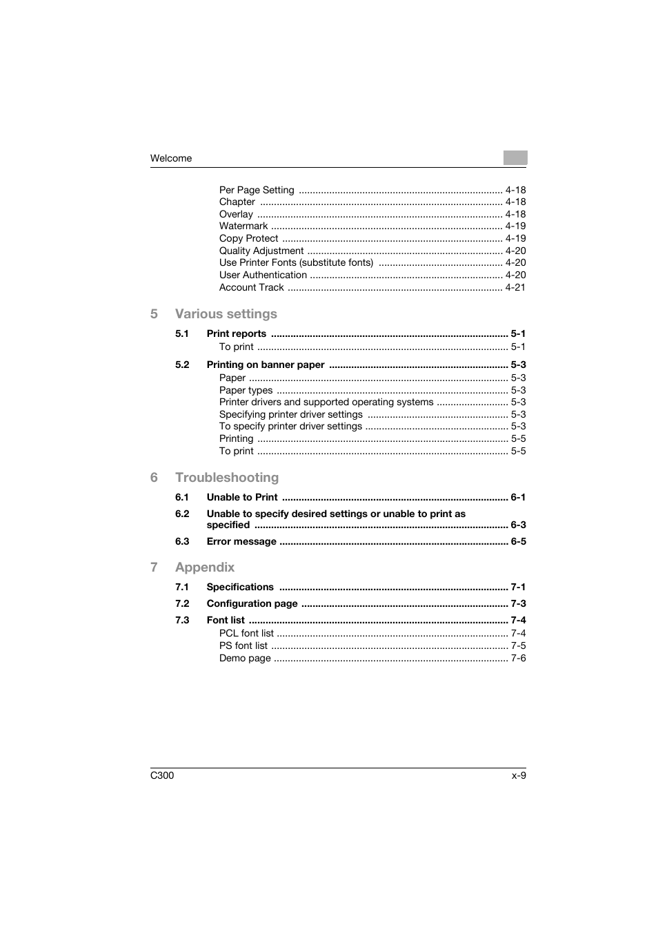 5various settings, 6troubleshooting, 7appendix | Konica Minolta bizhub C300 User Manual | Page 10 / 96