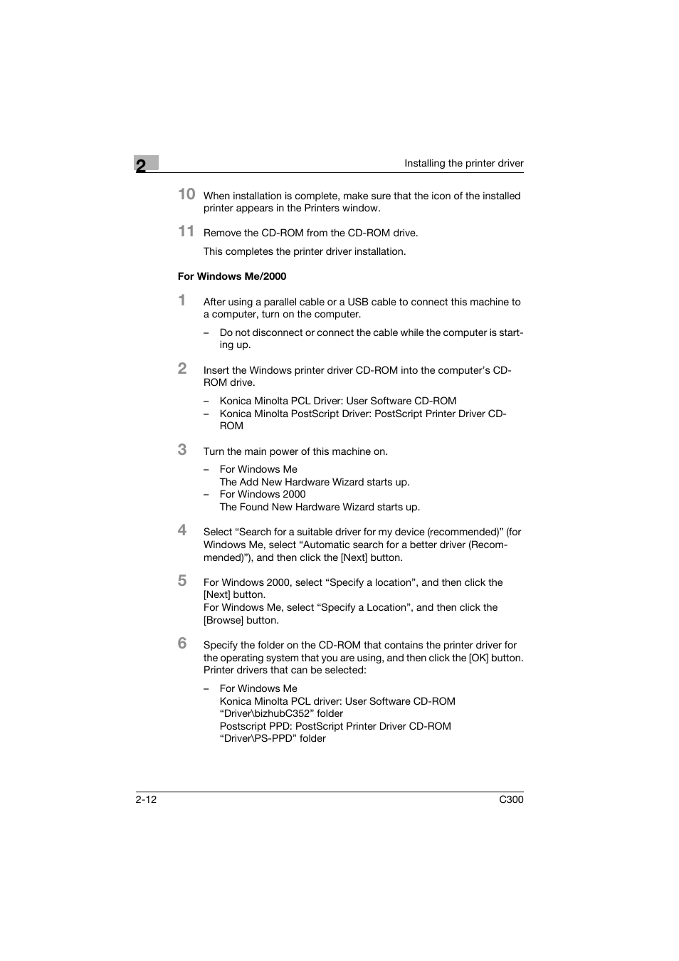 For windows me/2000, For windows me/2000 -12 | Konica Minolta bizhub C300 User Manual | Page 35 / 96