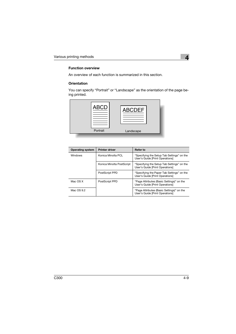 Function overview, Orientation, Function overview -9 orientation -9 | Abcd abcdef | Konica Minolta bizhub C300 User Manual | Page 62 / 96