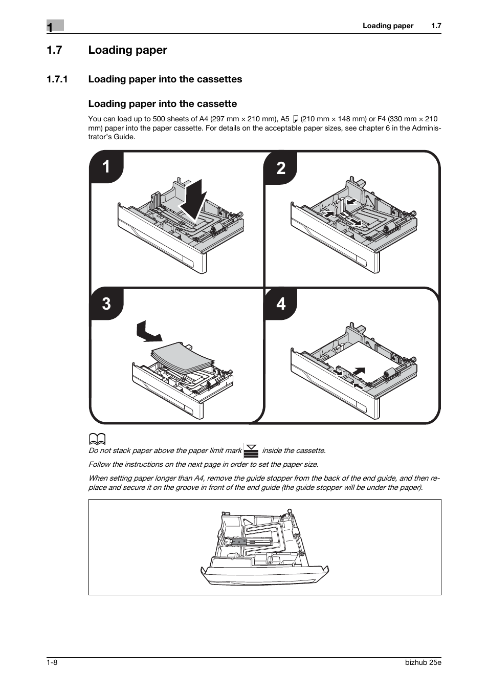 7 loading paper, 1 loading paper into the cassettes, Loading paper into the cassette | Loading paper -8, Loading paper into the cassettes -8 | Konica Minolta bizhub 25e User Manual | Page 12 / 70