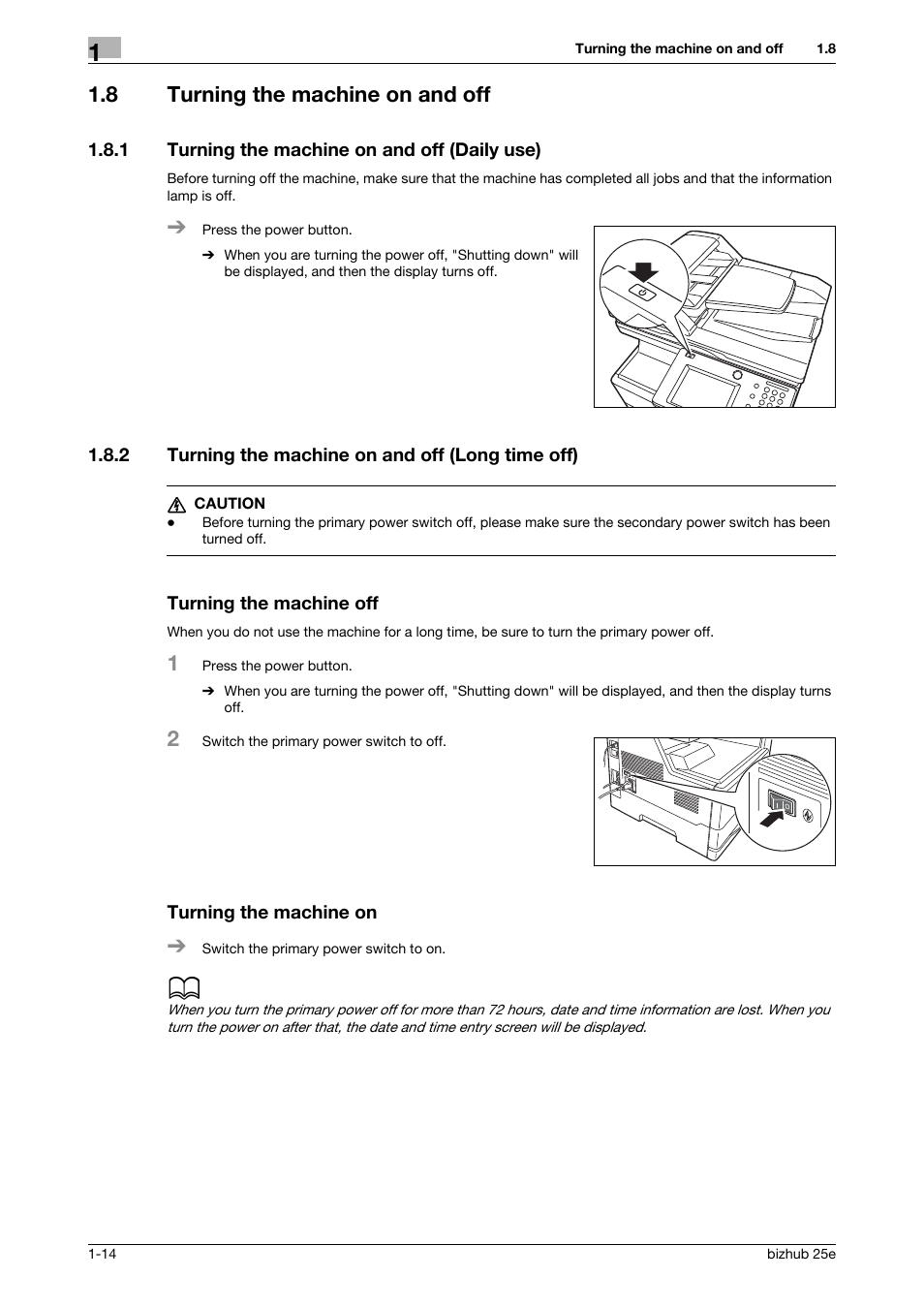 8 turning the machine on and off, 1 turning the machine on and off (daily use), 2 turning the machine on and off (long time off) | Turning the machine off, Turning the machine on, Turning the machine on and off -14, Turning the machine on and off (daily use) -14, Turning the machine on and off (long time off) -14 | Konica Minolta bizhub 25e User Manual | Page 18 / 70