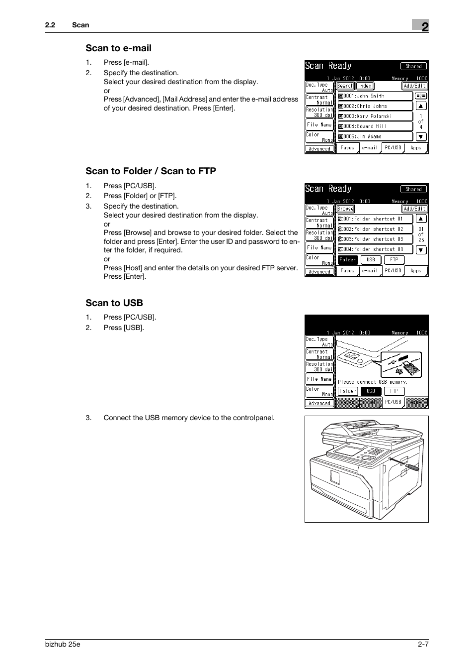 Scan to e-mail, Scan to folder / scan to ftp, Scan to usb | Konica Minolta bizhub 25e User Manual | Page 27 / 70