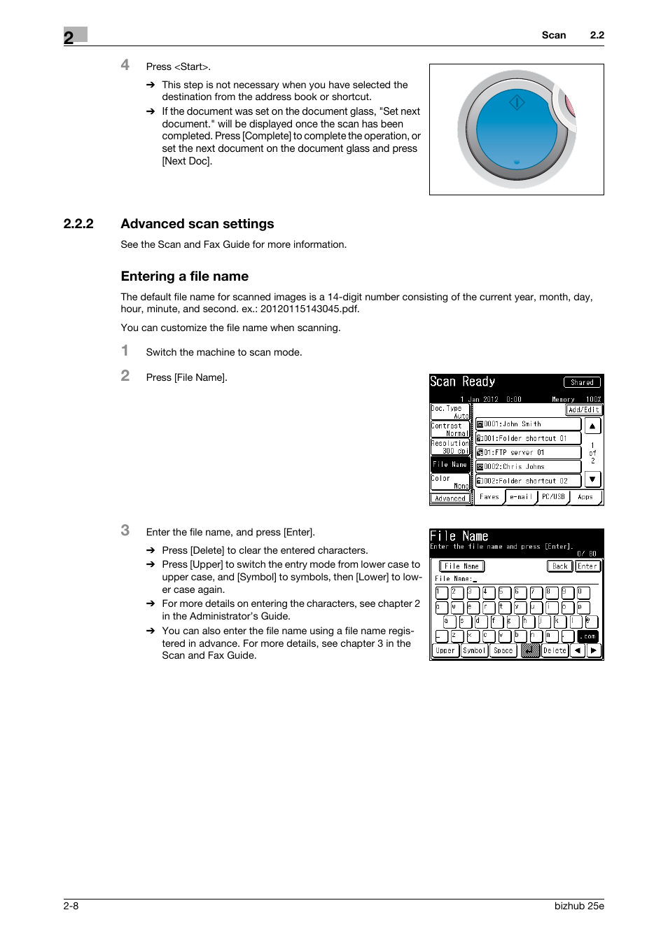 2 advanced scan settings, Entering a file name, Advanced scan settings -8 | Konica Minolta bizhub 25e User Manual | Page 28 / 70