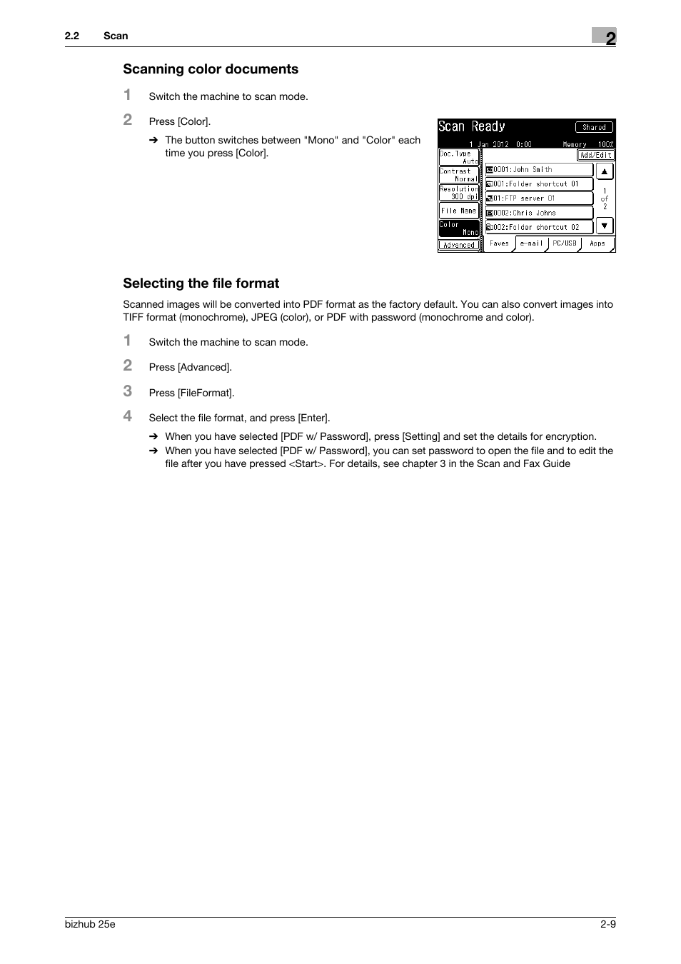 Scanning color documents, Selecting the file format | Konica Minolta bizhub 25e User Manual | Page 29 / 70