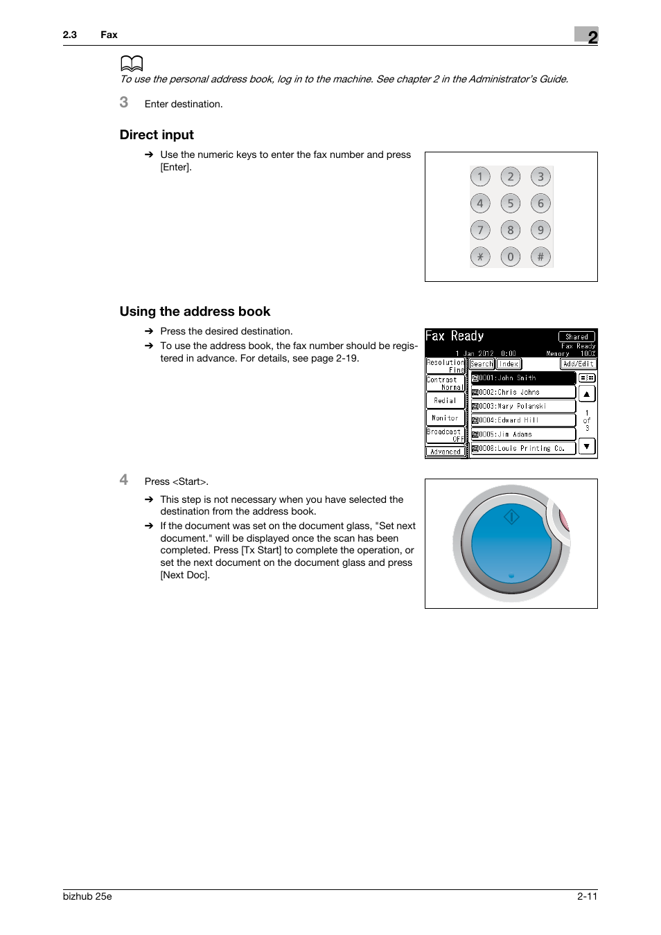 Direct input, Using the address book | Konica Minolta bizhub 25e User Manual | Page 31 / 70