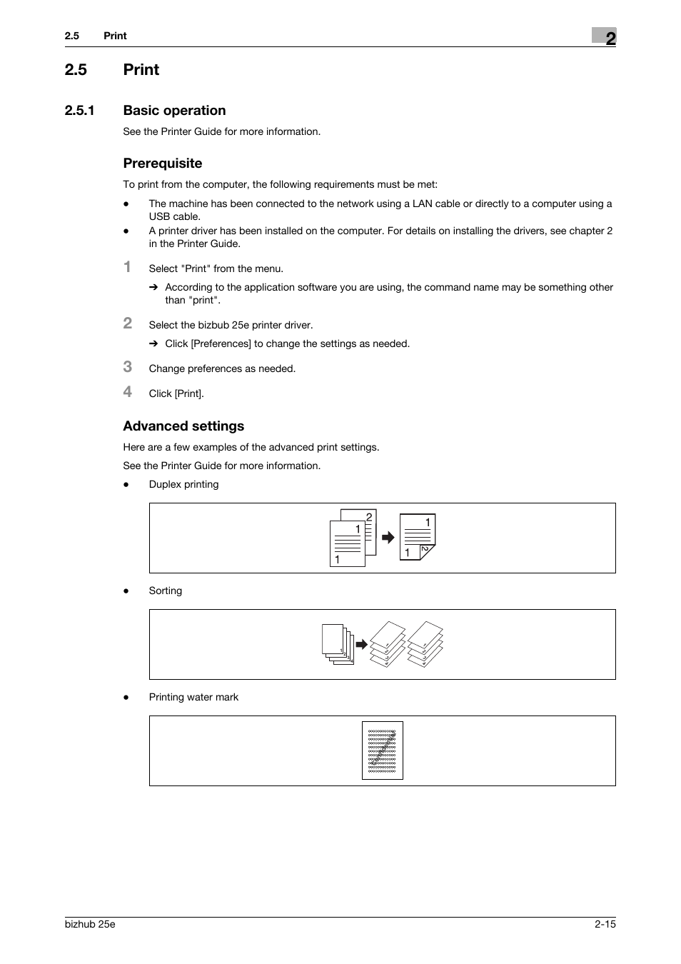 5 print, 1 basic operation, Prerequisite | Advanced settings, Print -15, Basic operation -15 | Konica Minolta bizhub 25e User Manual | Page 35 / 70