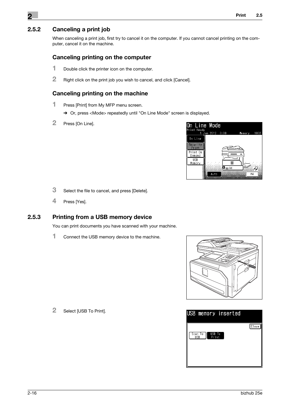 2 canceling a print job, Canceling printing on the computer, Canceling printing on the machine | 3 printing from a usb memory device, Canceling a print job -16, Printing from a usb memory device -16 | Konica Minolta bizhub 25e User Manual | Page 36 / 70