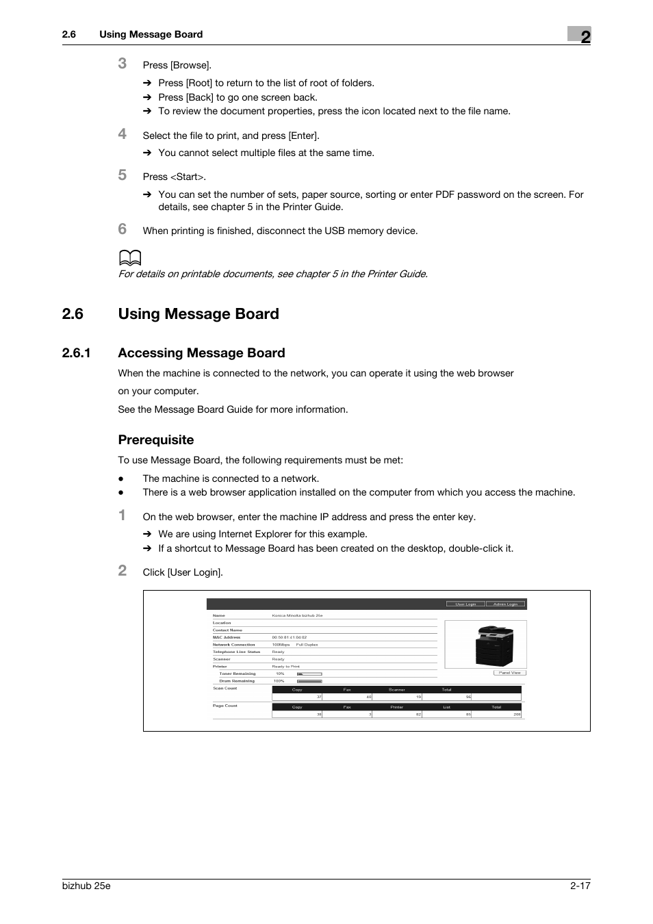 6 using message board, 1 accessing message board, Prerequisite | Using message board -17, Accessing message board -17 | Konica Minolta bizhub 25e User Manual | Page 37 / 70
