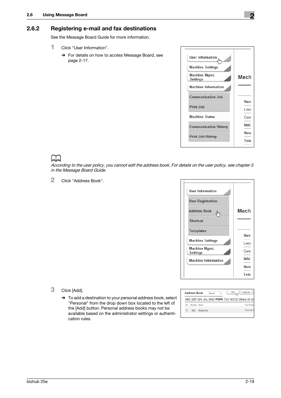 2 registering e-mail and fax destinations, Registering e-mail and fax destinations -19 | Konica Minolta bizhub 25e User Manual | Page 39 / 70
