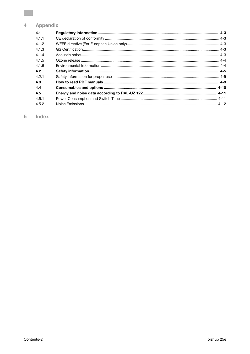 4appendix, 5index | Konica Minolta bizhub 25e User Manual | Page 4 / 70