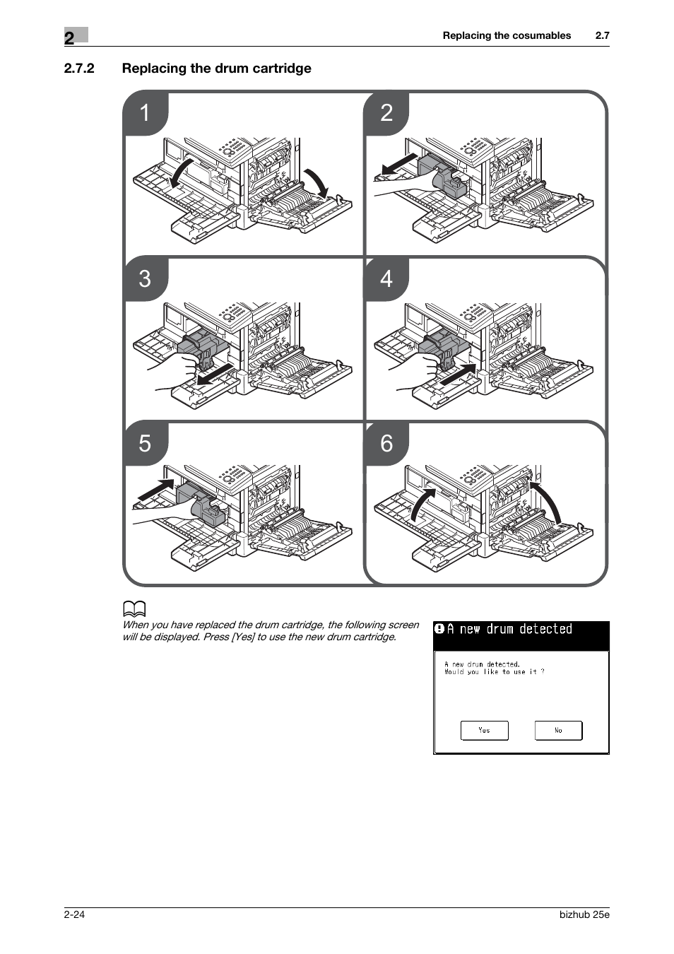 2 replacing the drum cartridge, Replacing the drum cartridge -24 | Konica Minolta bizhub 25e User Manual | Page 44 / 70