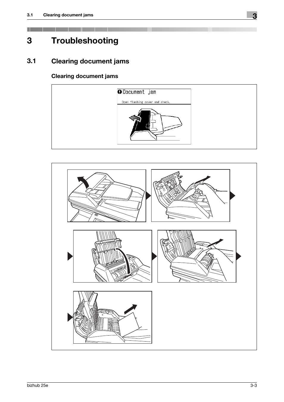 3 troubleshooting, 1 clearing document jams, Clearing document jams | Troubleshooting, Clearing document jams -3, 3troubleshooting | Konica Minolta bizhub 25e User Manual | Page 47 / 70