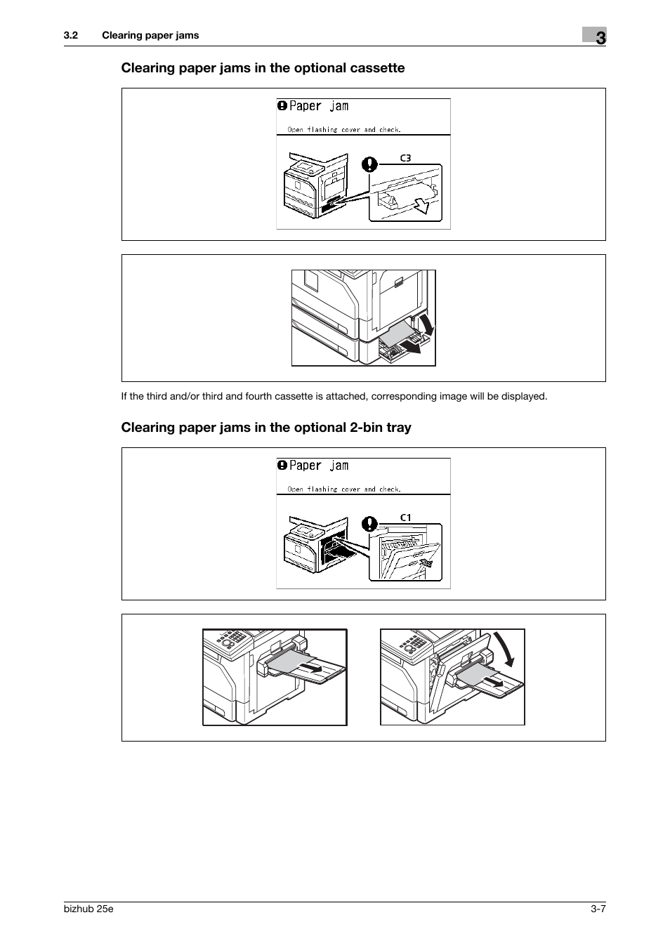 Clearing paper jams in the optional cassette, Clearing paper jams in the optional 2-bin tray | Konica Minolta bizhub 25e User Manual | Page 51 / 70