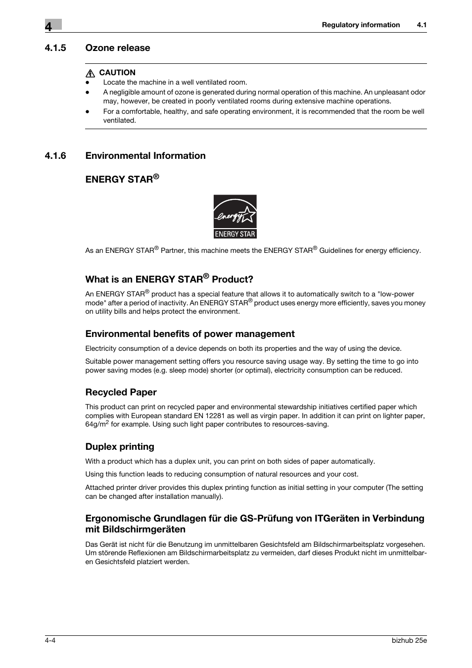 5 ozone release, 6 environmental information, Energy star | What is an energy star® product, Environmental benefits of power management, Recycled paper, Duplex printing, Ozone release -4, Environmental information -4, 6 environmental information energy star | Konica Minolta bizhub 25e User Manual | Page 58 / 70