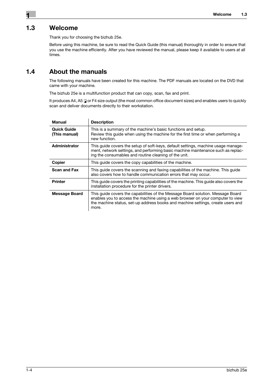 3 welcome, 4 about the manuals, Welcome -4 | About the manuals -4 | Konica Minolta bizhub 25e User Manual | Page 8 / 70