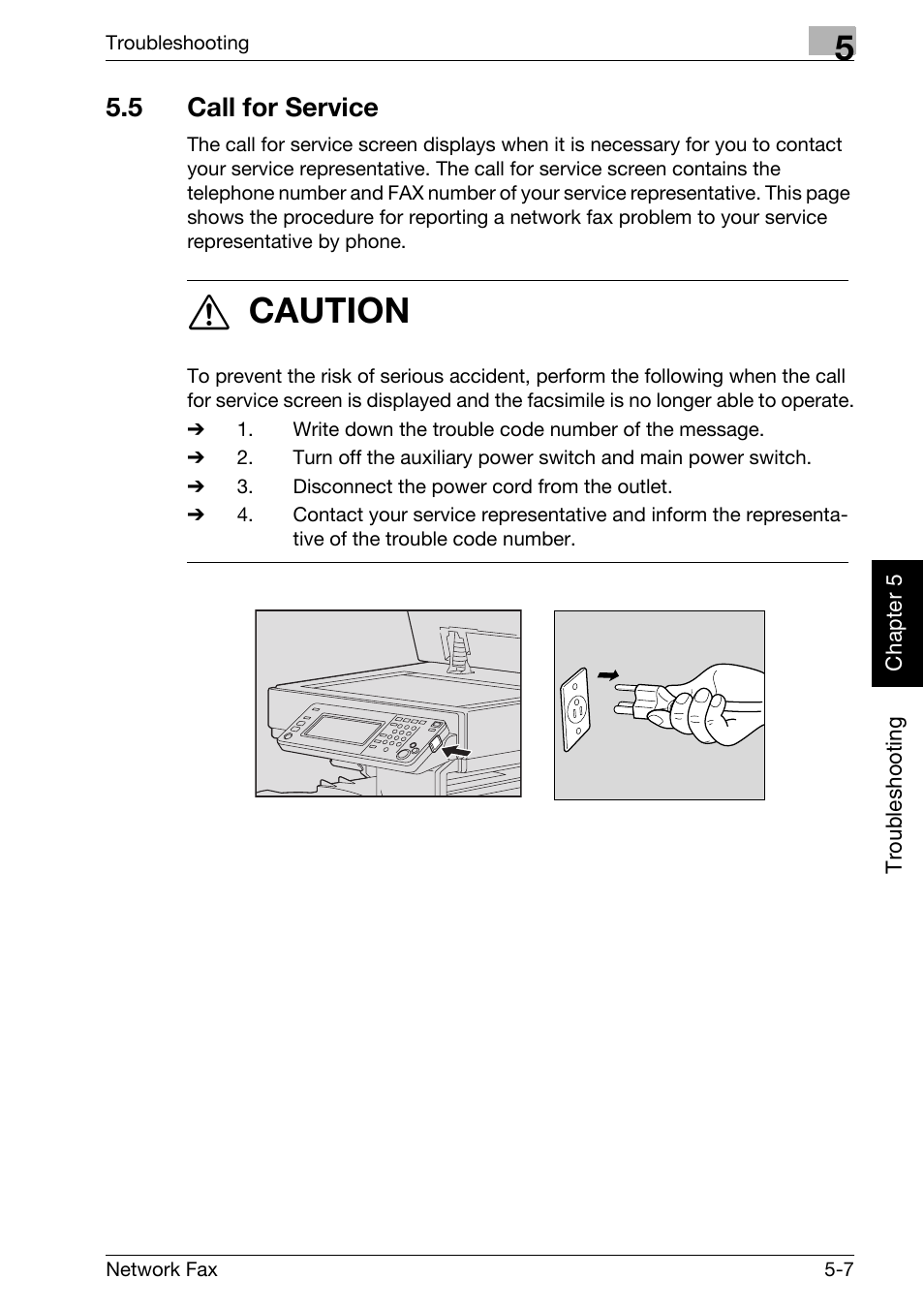 5 call for service, Call for service -7, 7 caution | Konica Minolta bizhub 500 User Manual | Page 108 / 334