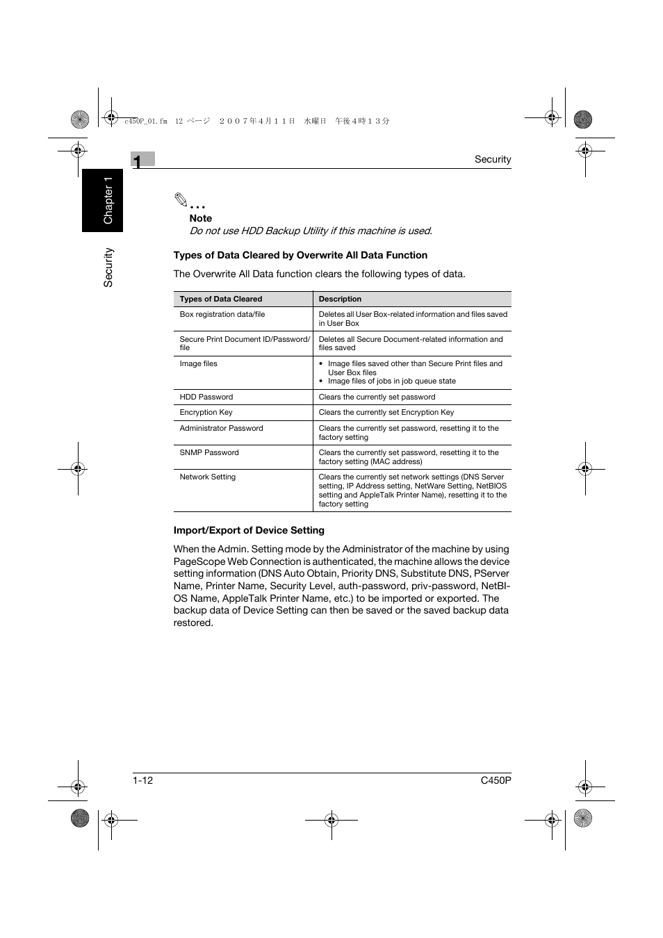 Import/export of device setting | Konica Minolta bizhub C450P User Manual | Page 17 / 108