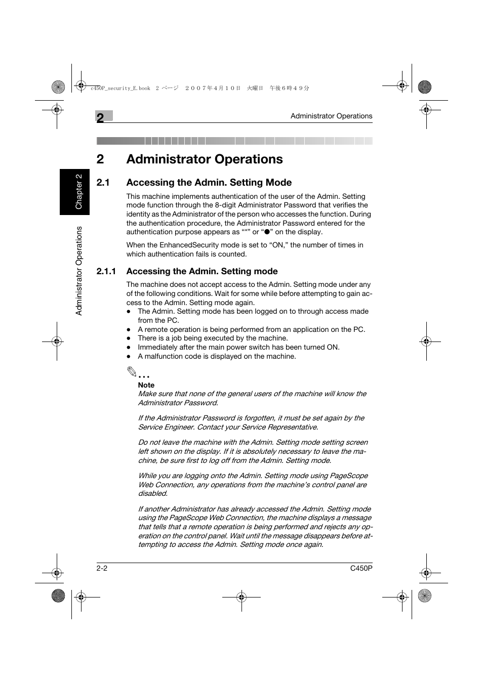 1 accessing the admin. setting mode, Administrator operations, Accessing the admin. setting mode -2 | 2administrator operations | Konica Minolta bizhub C450P User Manual | Page 19 / 108