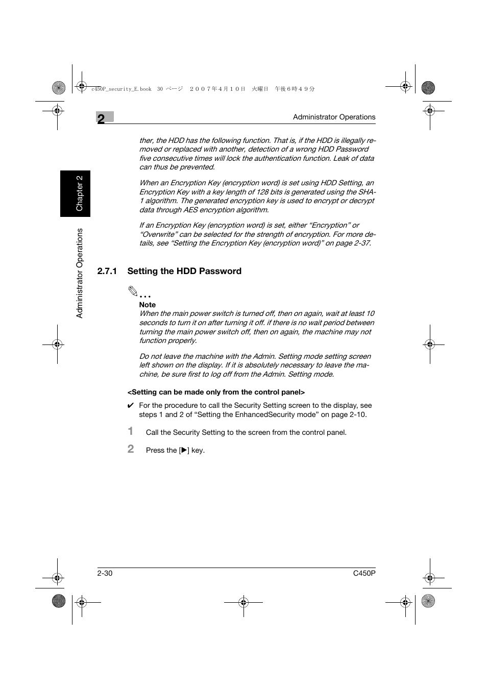 1 setting the hdd password, Setting can be made only from the control panel | Konica Minolta bizhub C450P User Manual | Page 47 / 108