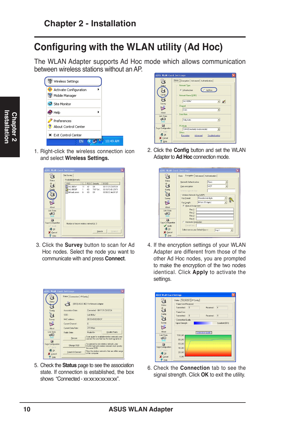 Configuring with the wlan utility (ad hoc), Chapter 2 - installation | Asus WL-160W User Manual | Page 10 / 38