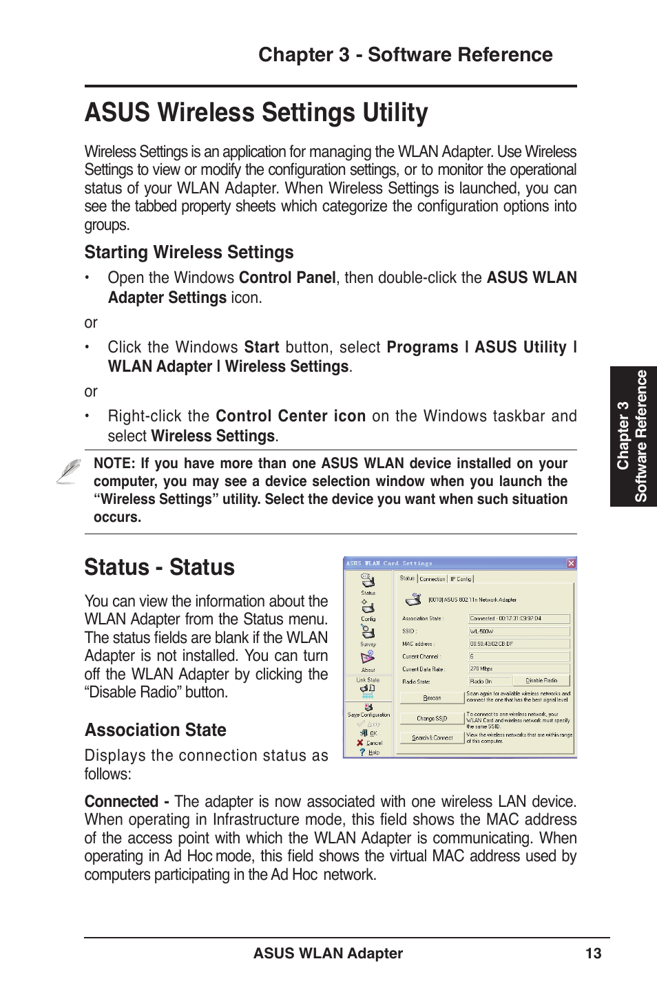 Asus wireless settings utility, Status - status, Chapter  - software reference | Asus WL-160W User Manual | Page 13 / 38