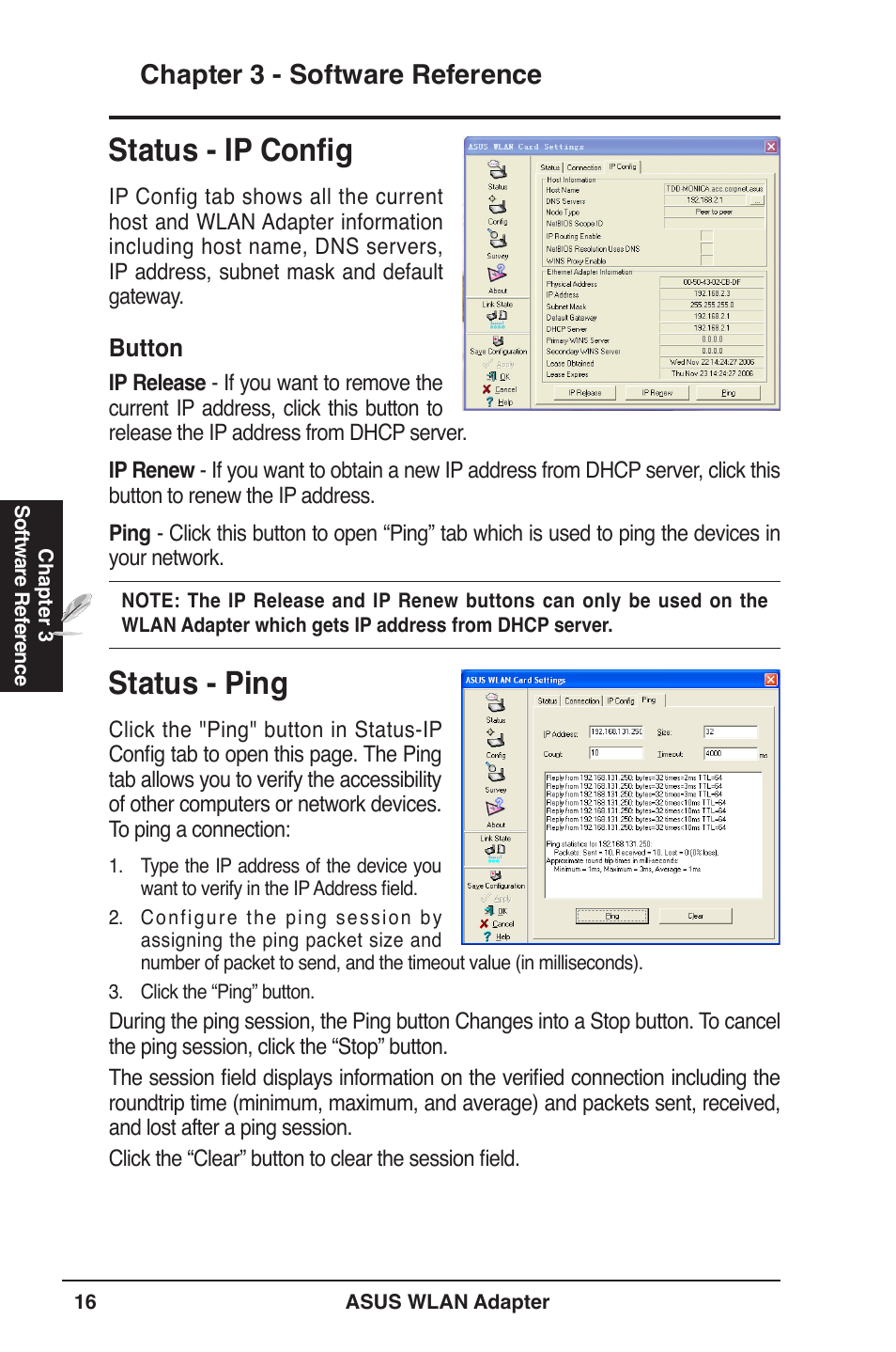 Status - ip config, Status - ping, Chapter  - software reference | Asus WL-160W User Manual | Page 16 / 38