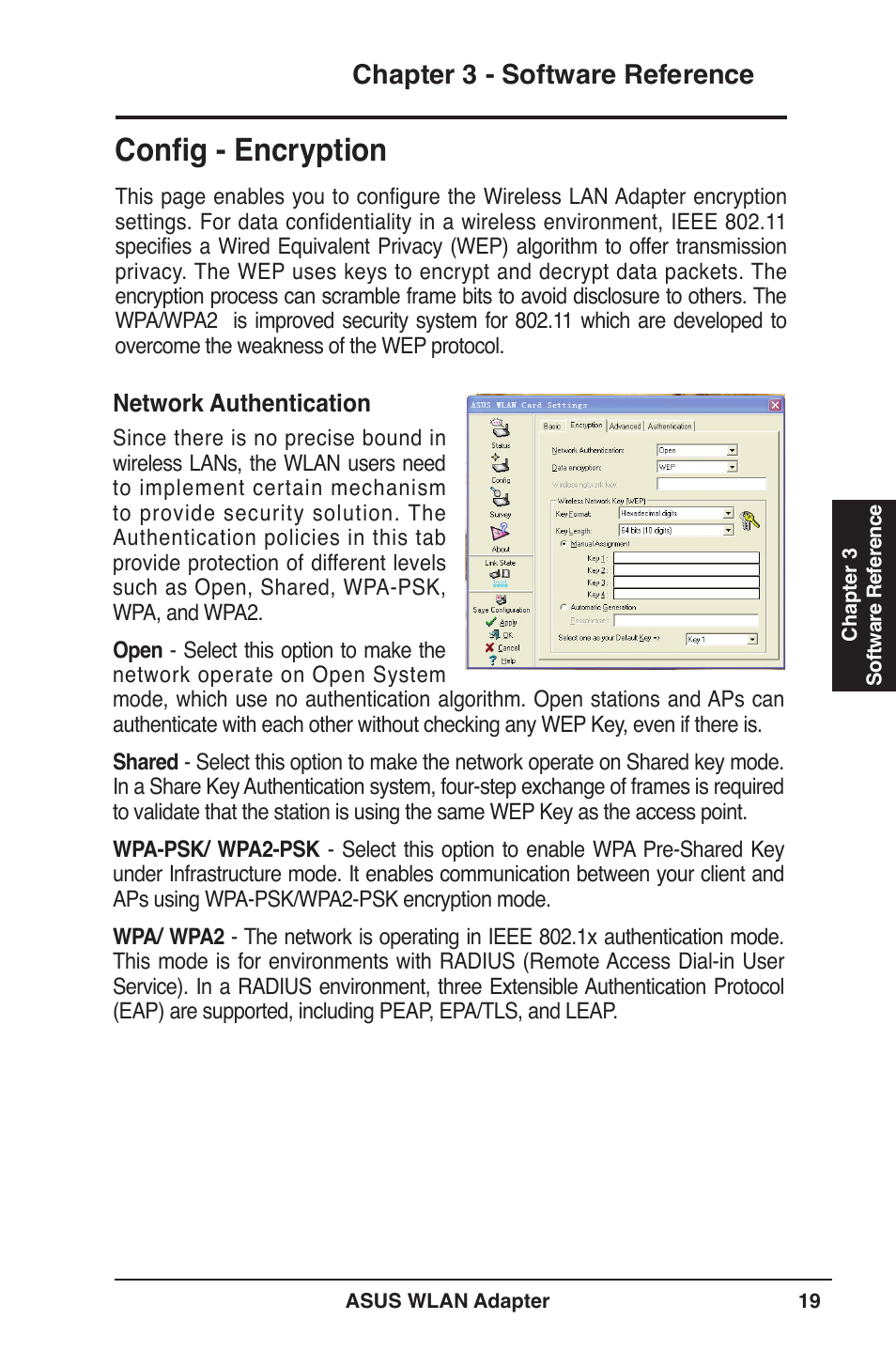 Config - encryption, Chapter  - software reference | Asus WL-160W User Manual | Page 19 / 38