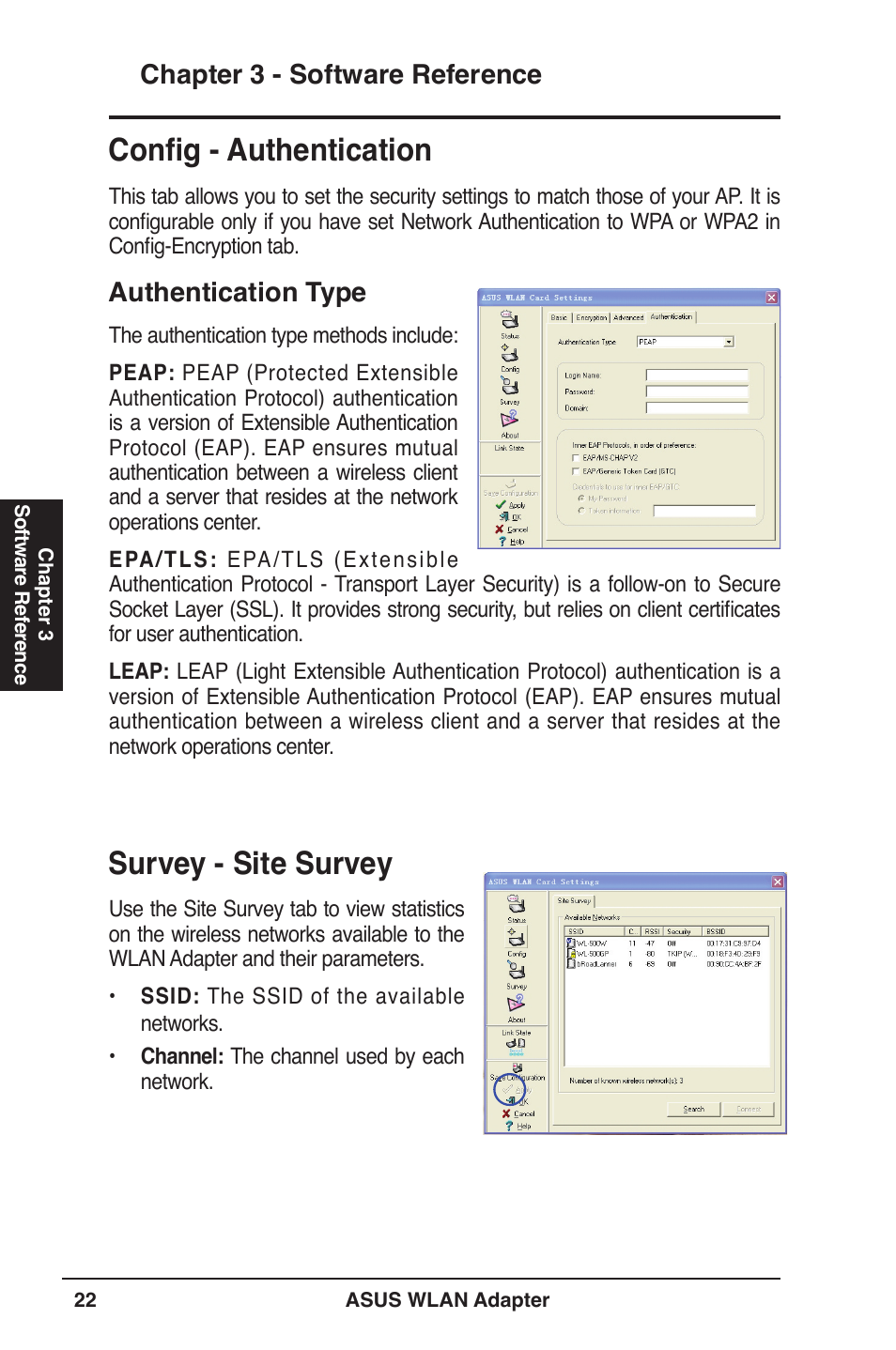 Survey - site survey, Config - authentication, Chapter  - software reference | Authentication type | Asus WL-160W User Manual | Page 22 / 38