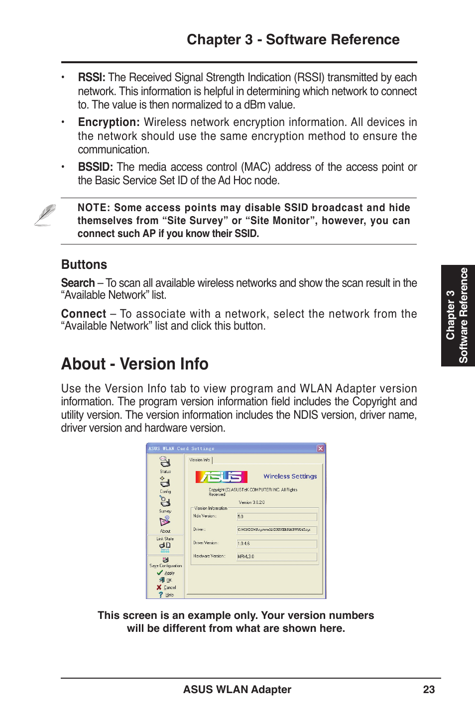 About - version info, Chapter  - software reference | Asus WL-160W User Manual | Page 23 / 38