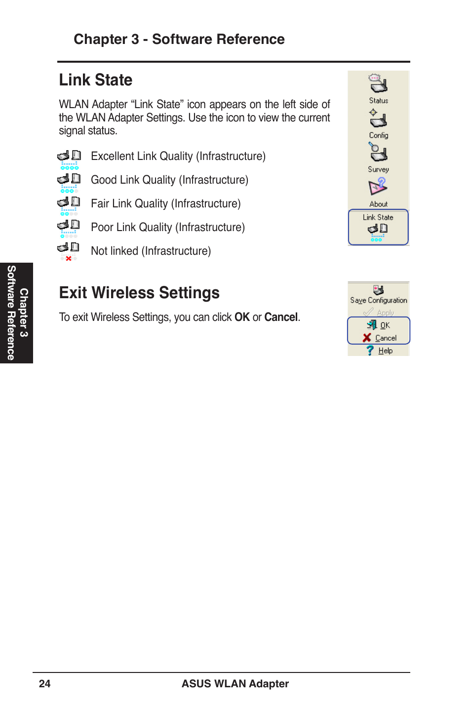 Link state, Exit wireless settings, Chapter  - software reference | Asus WL-160W User Manual | Page 24 / 38