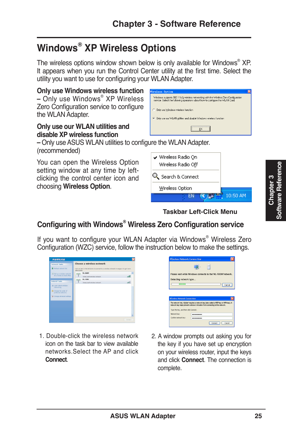 Windows, Xp wireless options, Chapter  - software reference | Configuring with windows, Wireless zero configuration service | Asus WL-160W User Manual | Page 25 / 38