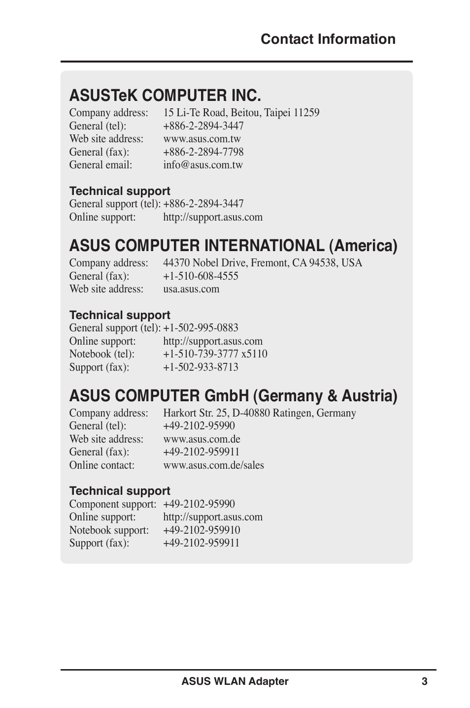 Asustek computer inc, Asus computer international (america), Asus computer gmbh (germany & austria) | Contact information | Asus WL-160W User Manual | Page 3 / 38