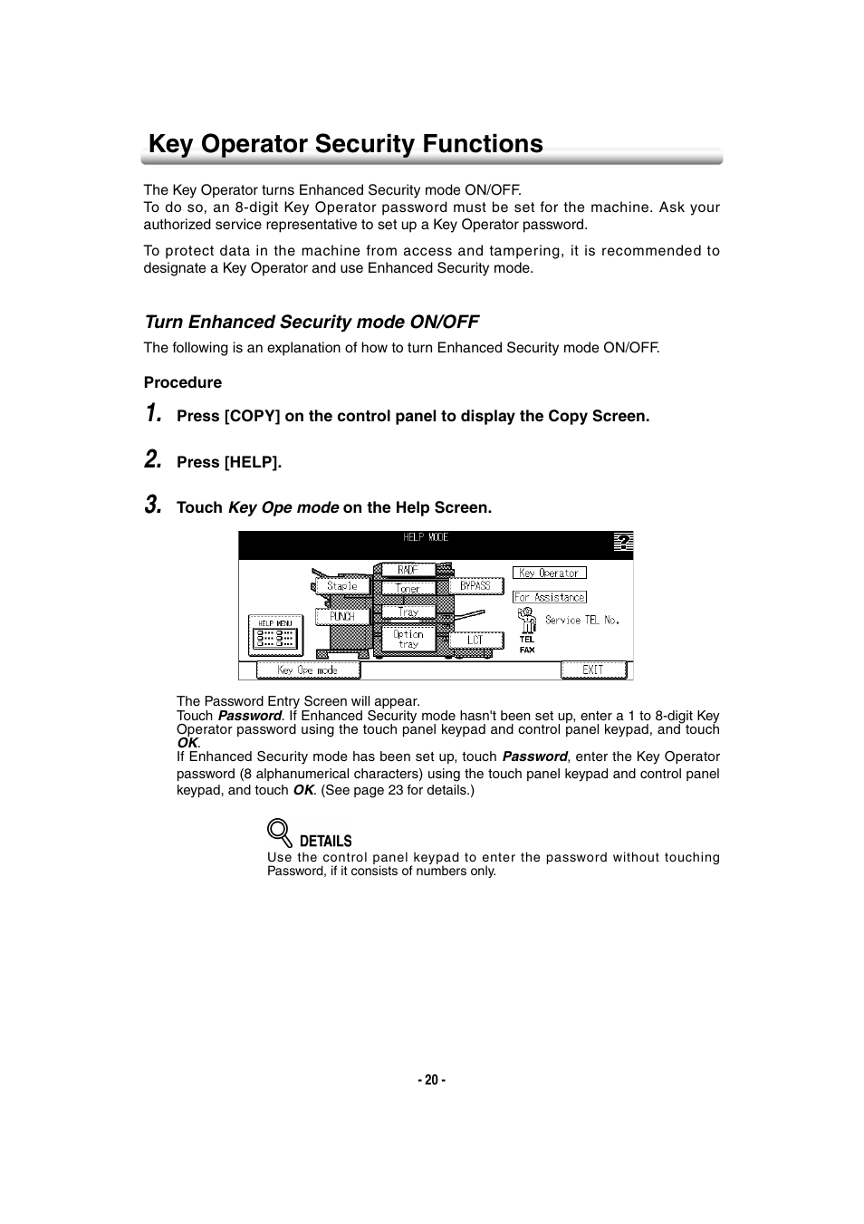 Key operator security functions, Turn enhanced security mode on/off | Konica Minolta 7145 User Manual | Page 26 / 40