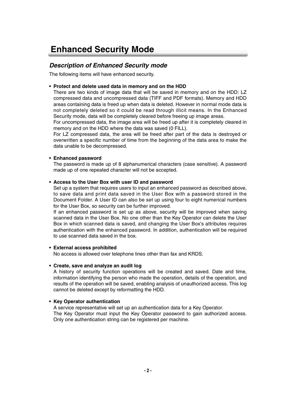 Enhanced security mode, Description of enhanced security mode | Konica Minolta 7145 User Manual | Page 8 / 40