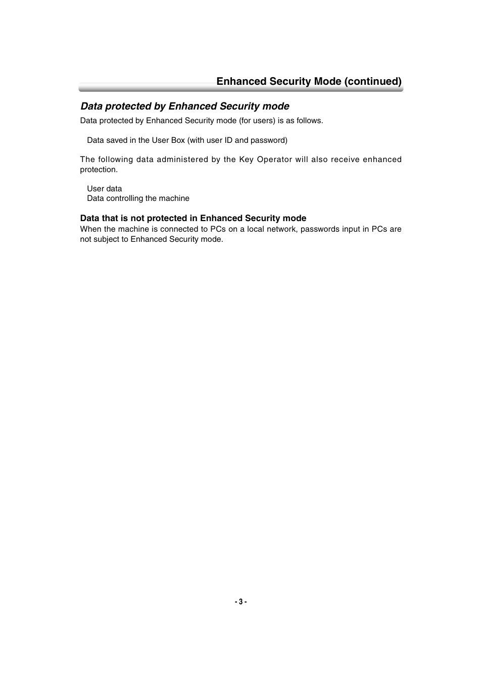 Data protected by enhanced security mode, Enhanced security mode (continued) | Konica Minolta 7145 User Manual | Page 9 / 40