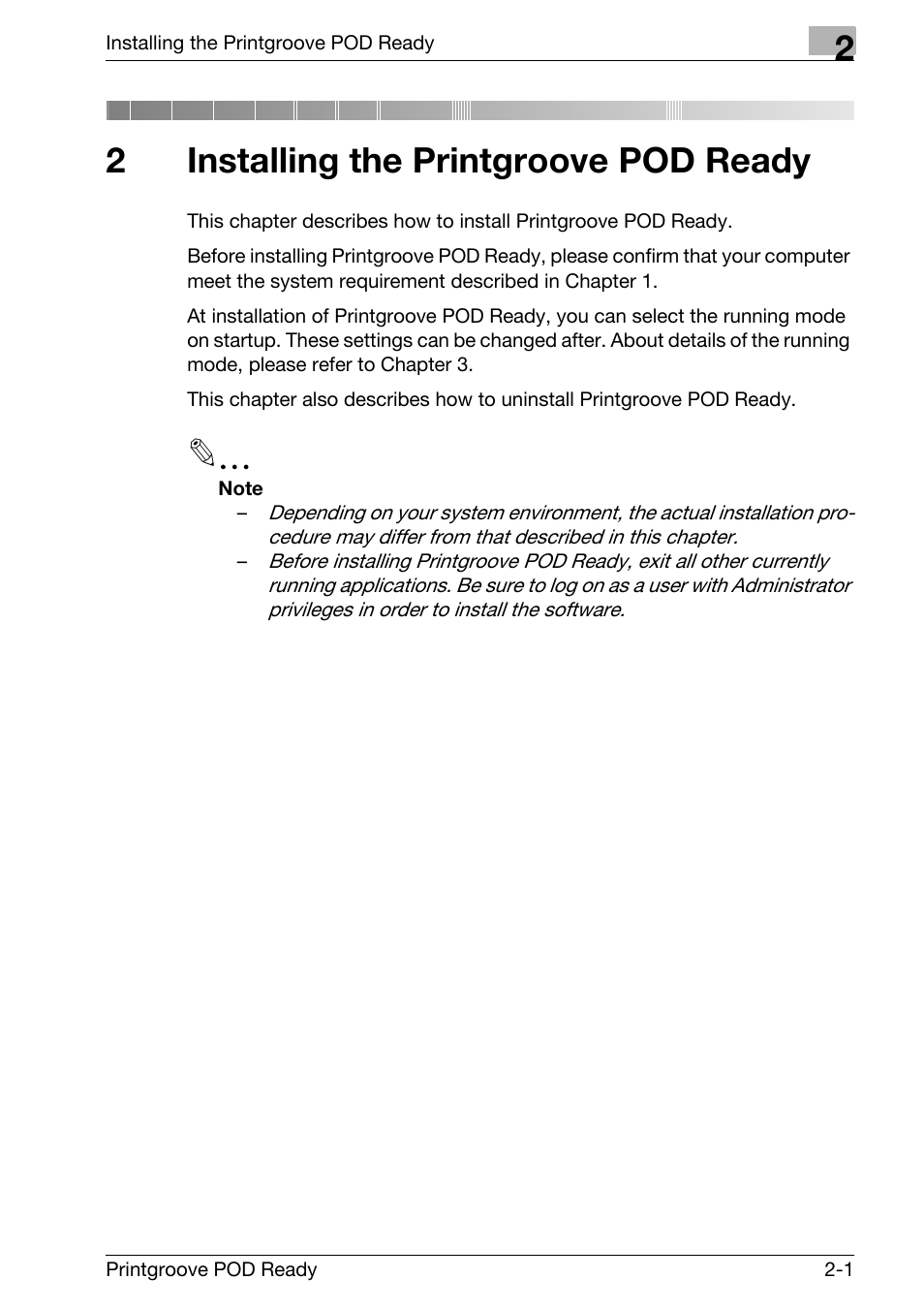 2 installing the printgroove pod ready, Installing the printgroove pod ready, 2installing the printgroove pod ready | Konica Minolta Printgroove User Manual | Page 13 / 239