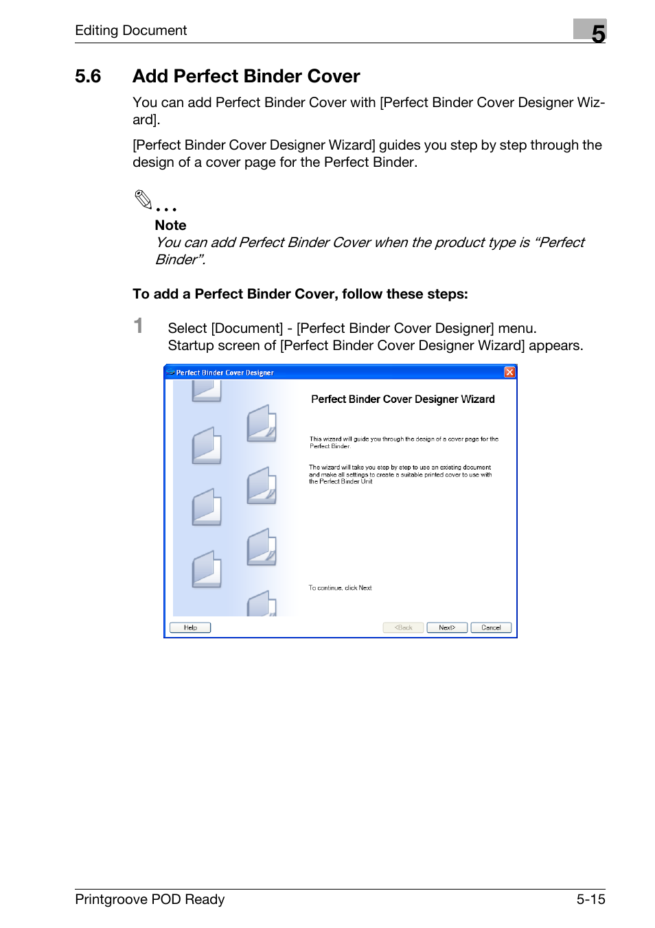 6 add perfect binder cover, Add perfect binder cover -15 | Konica Minolta Printgroove User Manual | Page 133 / 239