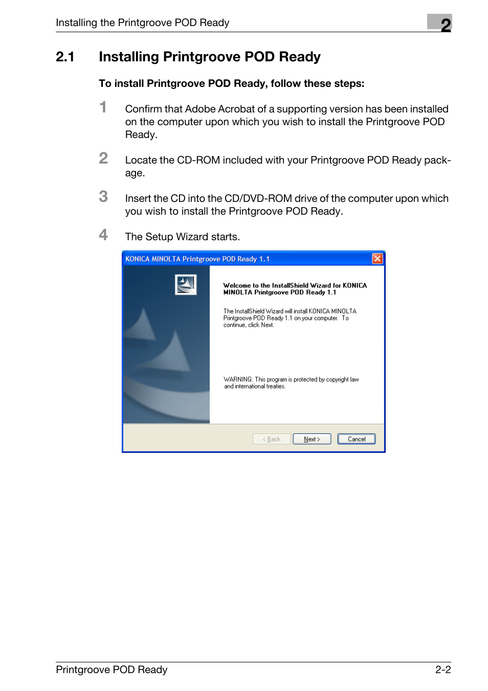 1 installing printgroove pod ready, Installing printgroove pod ready -2 | Konica Minolta Printgroove User Manual | Page 14 / 239