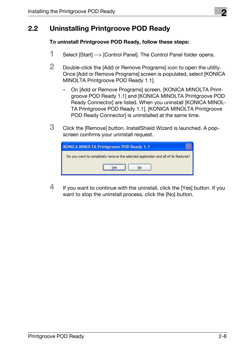 2 uninstalling printgroove pod ready, Uninstalling printgroove pod ready -8 | Konica Minolta Printgroove User Manual | Page 20 / 239