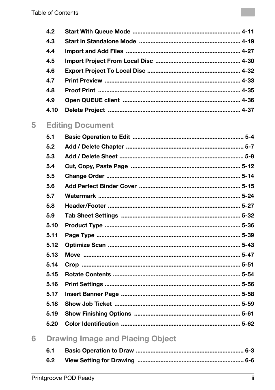 5editing document, 6drawing image and placing object | Konica Minolta Printgroove User Manual | Page 3 / 239