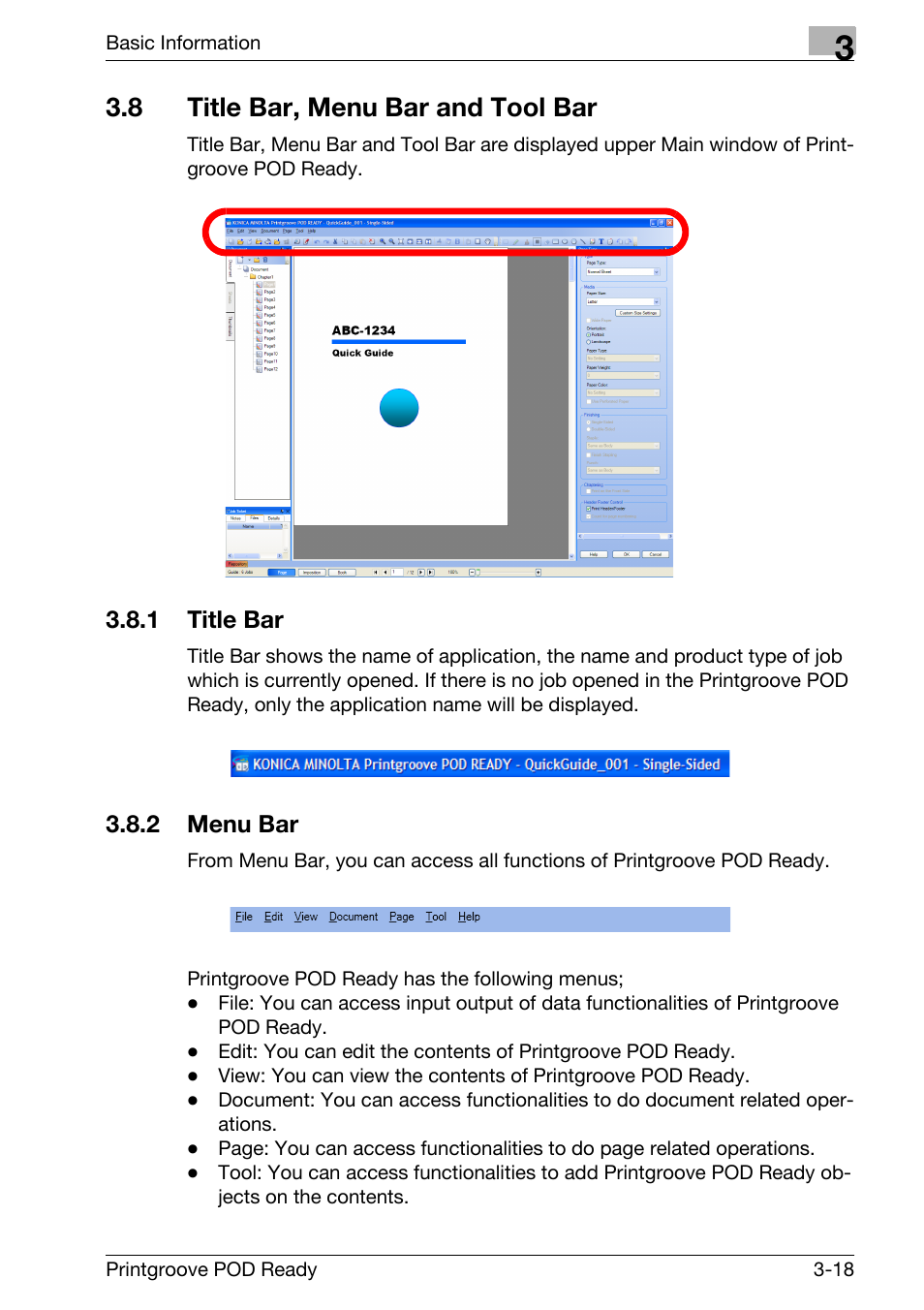 8 title bar, menu bar and tool bar, Title bar, menu bar and tool bar -18 | Konica Minolta Printgroove User Manual | Page 39 / 239