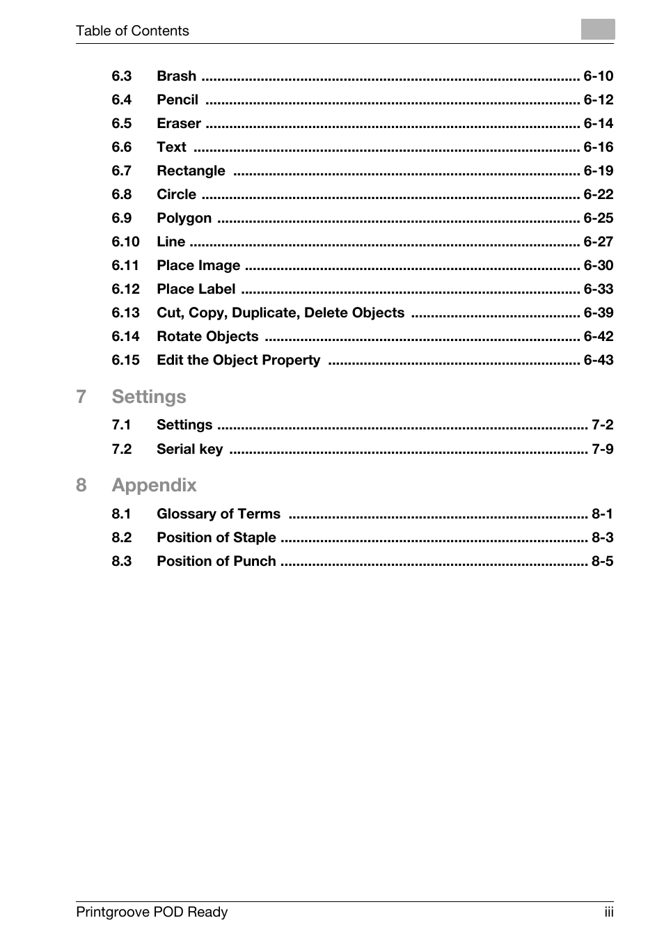 7settings, 8appendix | Konica Minolta Printgroove User Manual | Page 4 / 239
